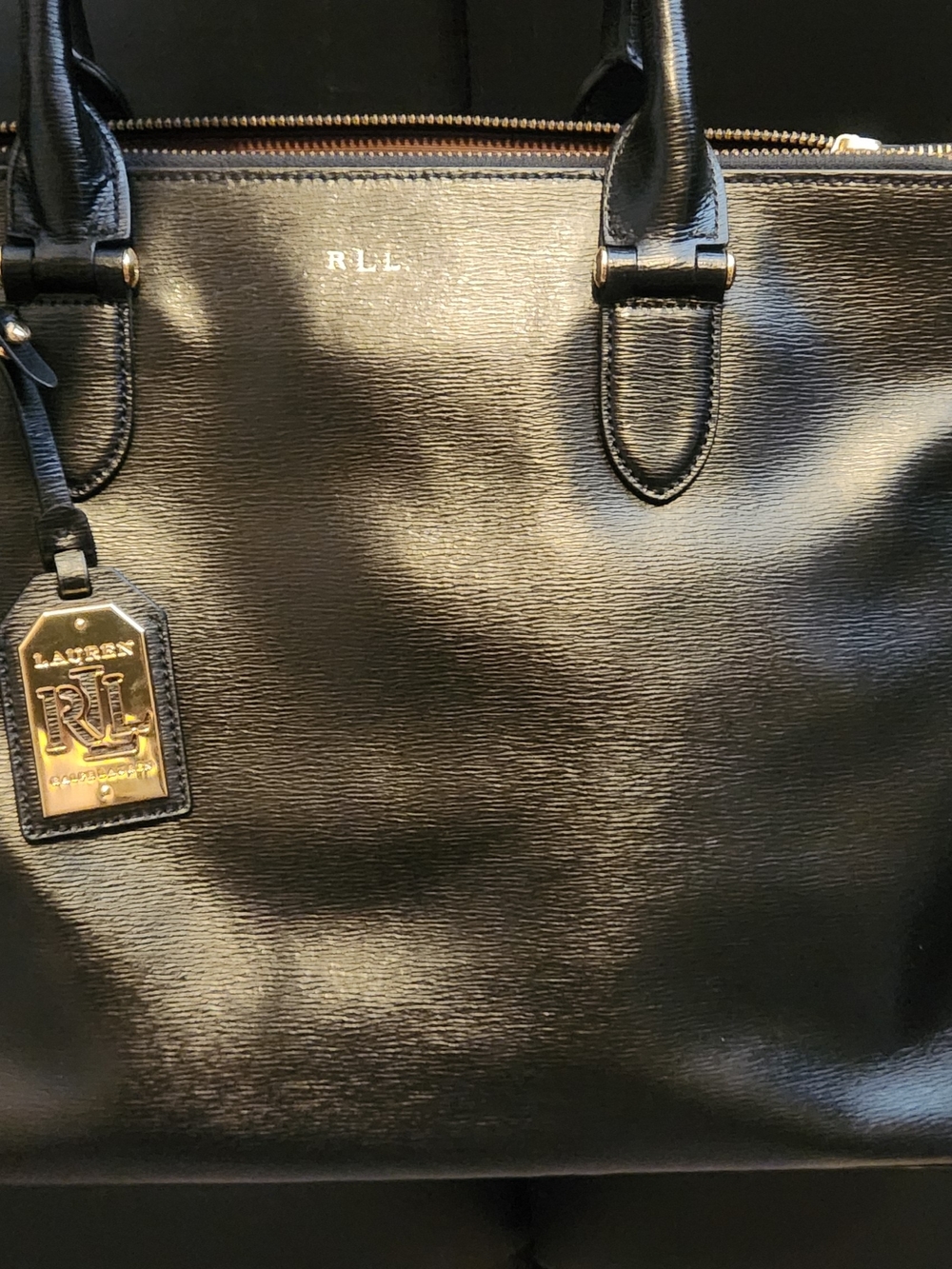 Ralph Lauren Black Leather Tote Bag - RL Monogram